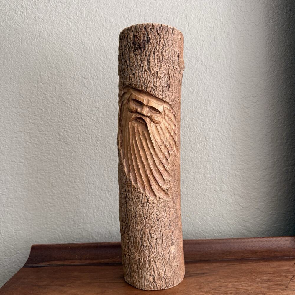 Hand-Carved Wood Log Sculpture Carving Brown Natural Finish Approx 15 in Tall